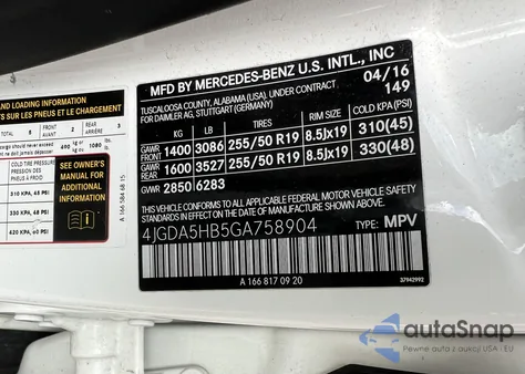 2016 Mercedes-Benz Gle 350 4Matic из США, поврежденный, VIN 4JGDA5HB5GA758904